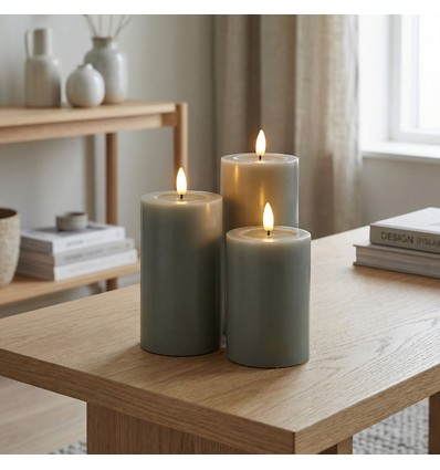 Lot de 3 bougies LED, vert - Ø7,5cm, 10/12,5/15cm de haut, fonctionne avec télécommande, minuterie, véritable cire