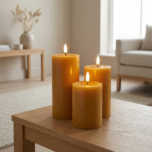Lot de 3 bougies LED, marron - Ø7,5cm, 10/12,5/15cm de haut, avec télécommande, minuterie, véritable cire