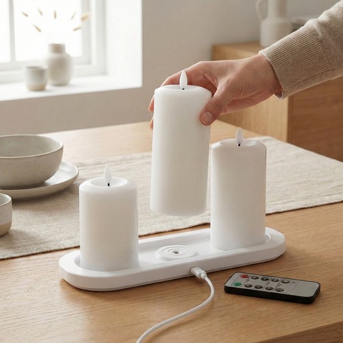 3-pak hvide LED stearinlys, flammeeffekt - Ø2,2cm, Højde: 24,5cm, kronelys, inkl. fjernb., timer