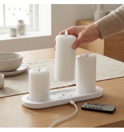 Lot de 3 bougies LED blanches avec socle de charge - Ø7,5cm, 10/12,5/15 cm de haut, avec télécom., minuterie