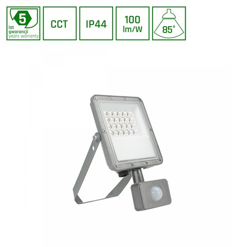 Projecteur LED 20W NOCTIS MAX CCT avec détecteur PIR - IP44, 3 couleurs de lumière, gris