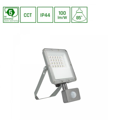 Projecteur LED 20W NOCTIS MAX CCT avec détecteur PIR - IP44, 3 couleurs de lumière, gris