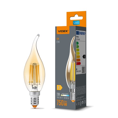 Ampoule LED E14 6W filament flamme C37, verre ambré, blanc très très chaud