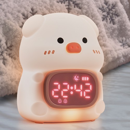 MOCHI Veilleuse grise avec horloge en silicone souple - rechargeable, changement de couleur + blanc chaud