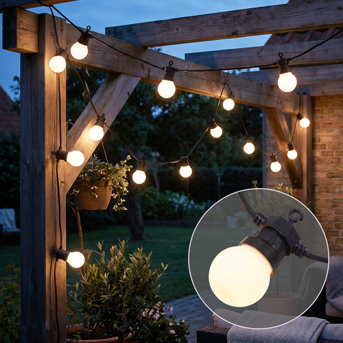 Guirlande lumineuse LED 5m avec 10 ampoules - Blanc chaud, IP44, 230V, ampoules 0,5W