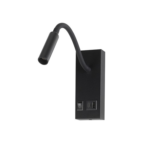 Applique de lit LED 3W avec ports USB-A et USB-C - Puce CREE, noir, source lumineuse incl.