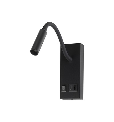 Applique de lit LED 3W avec ports USB-A et USB-C - Puce CREE, noir, source lumineuse incl.