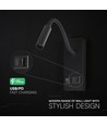 Applique de lit LED 3W avec ports USB-A et USB-C - Puce CREE, noir, source lumineuse incl.