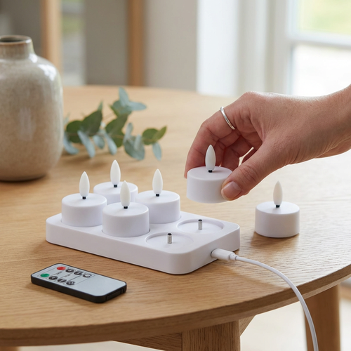 Pack de 6 bougies chauffe-plat LED blanches avec base de chargement - Incl. télécommande, minuterie