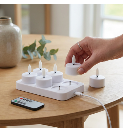 Pack de 6 bougies chauffe-plat LED blanches avec base de chargement - Incl. télécommande, minuterie
