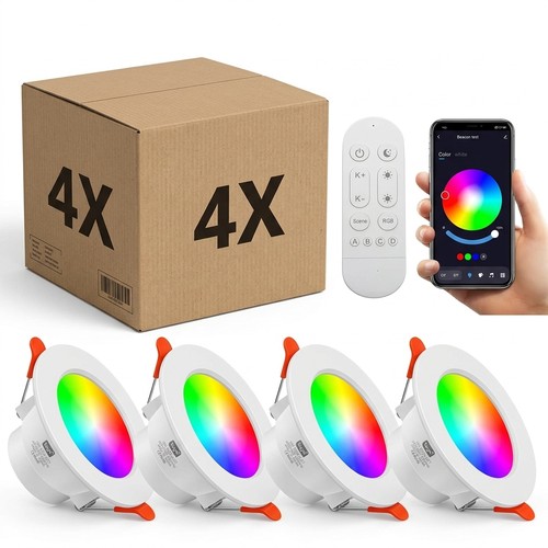 Lot de 4 downlights Smart Home RGB+CCT - LED 5W, Bluetooth, télécommande