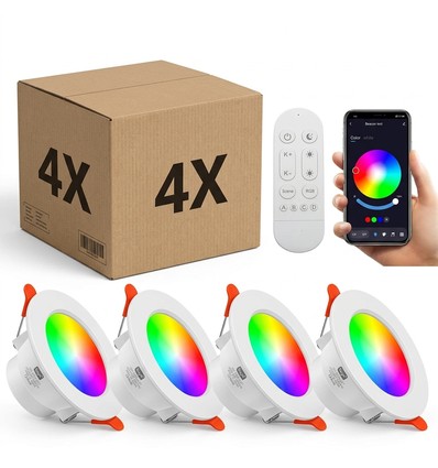 Lot de 4 downlights Smart Home RGB+CCT - LED 5W, Bluetooth, télécommande