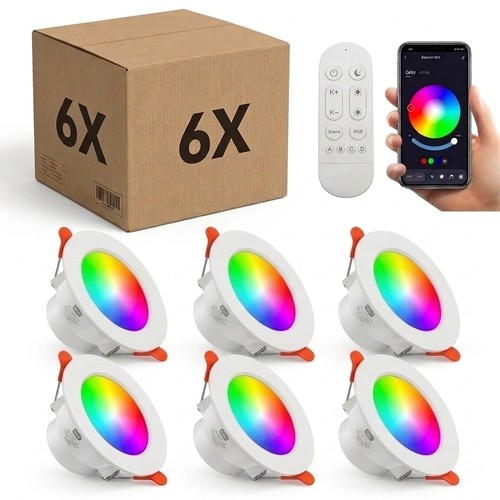 Lot de 6 spots LED RGB+CCT Smart Home - 5W, Bluetooth, télécommande, compatible Google Home et Alexa