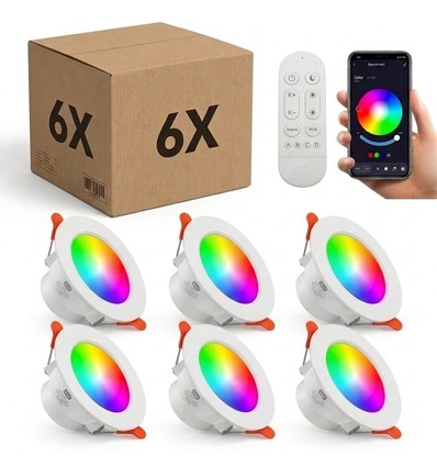 Lot de 6 spots LED RGB+CCT Smart Home - 5W, Bluetooth, télécommande, compatible Google Home et Alexa