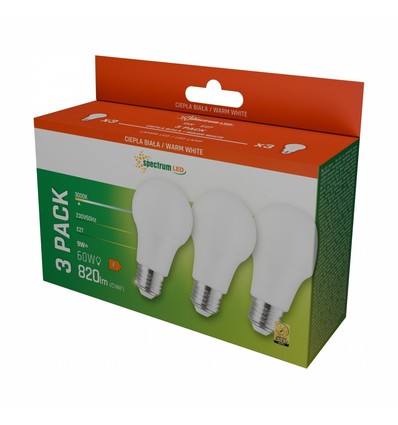 Pack de 3 ampoules LED E27 9W - Blanc chaud
