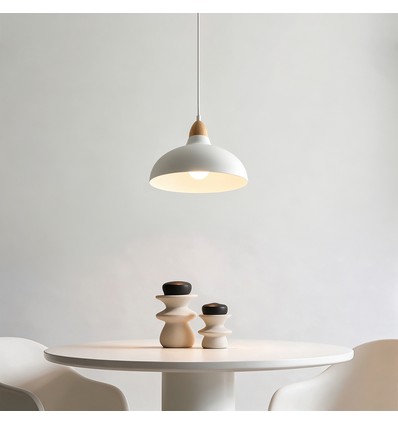 Suspension BIRK Blanc Ø24cm - Douille E27, câble 2m, métal / bois