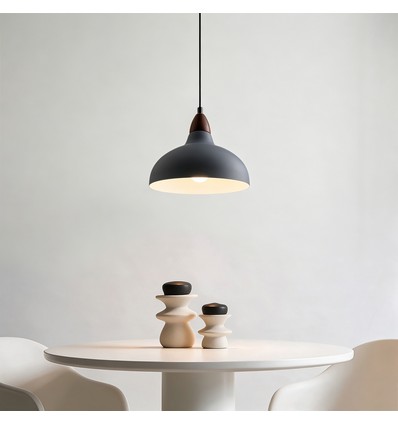 Suspension BIRK Gris Ø19cm - Douille E27, câble 2m, métal / bois