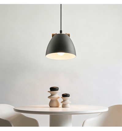 Suspension grise Ø16cm - Douille E27, câble 2m, métal / bois