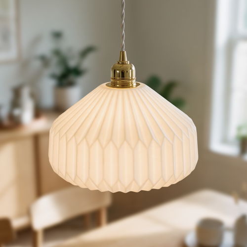 Suspension céramique E27 - Plissée, blanc/laiton, câble 2m, Ø27x23cm, sans source lumineuse