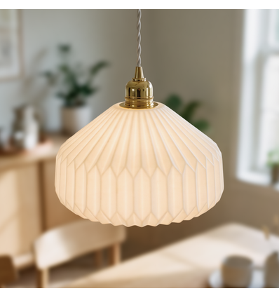 Suspension céramique E27 - Plissée, blanc/laiton, câble 2m, Ø27x23cm, sans source lumineuse