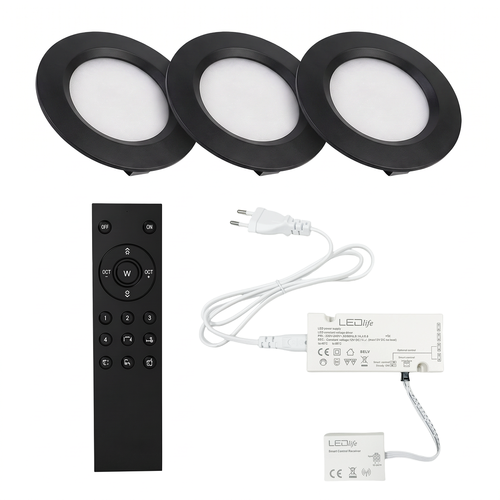 3x Spot meuble Reco68 dimmable, Noir - Choisissez alimentation RF/WiFi/Zigbee (télécommande incl.)