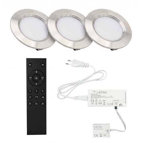 3x Spot meuble Reco68 dimmable, Acier brossé - Choisissez alimentation RF/WiFi/Zigbee (télécommande incl.)