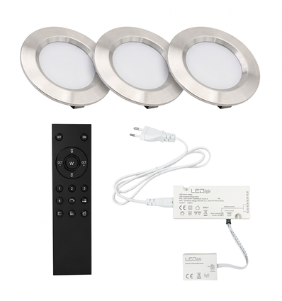 3x Spot meuble Reco68 dimmable, Acier brossé - Choisissez alimentation RF/WiFi/Zigbee (télécommande incl.)