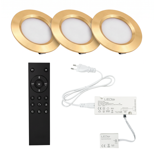 3x Spot meuble Reco68 dimmable, Or - Choisissez alimentation RF/WiFi/Zigbee (télécommande incl.)