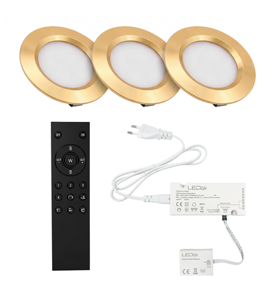 3x Spot meuble Reco68 dimmable, Or - Choisissez alimentation RF/WiFi/Zigbee (télécommande incl.)
