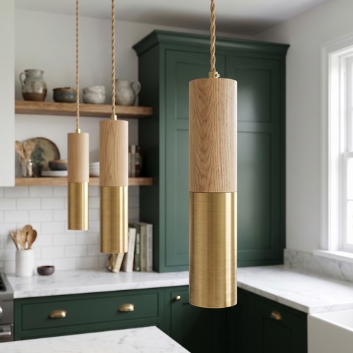 Suspension cylindre MALM E14 or/bois - câble 2m, avec rosace, sans source lumineuse