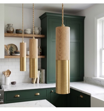 Suspension cylindre MALM E14 or/bois - câble 2m, avec rosace, sans source lumineuse