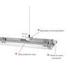 Réglette 150cm + 2x tubes LED T8 - IP65, câblage traversant