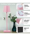 Lampe de table LED rechargeable intérieur/extérieur - Rose, tactile dimmable, CCT, IP54 extérieur