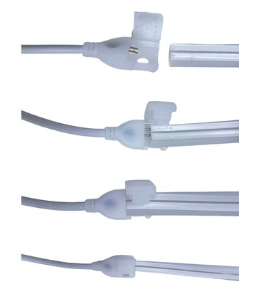 Installation d'un connecteur avec embout de finition sur un Neon Flex après la coupe.
