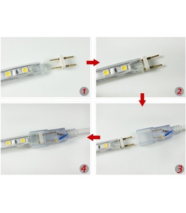 Démonstration de l'installation d'un connecteur étanche sur un ruban LED avec ses accessoires de fixation.